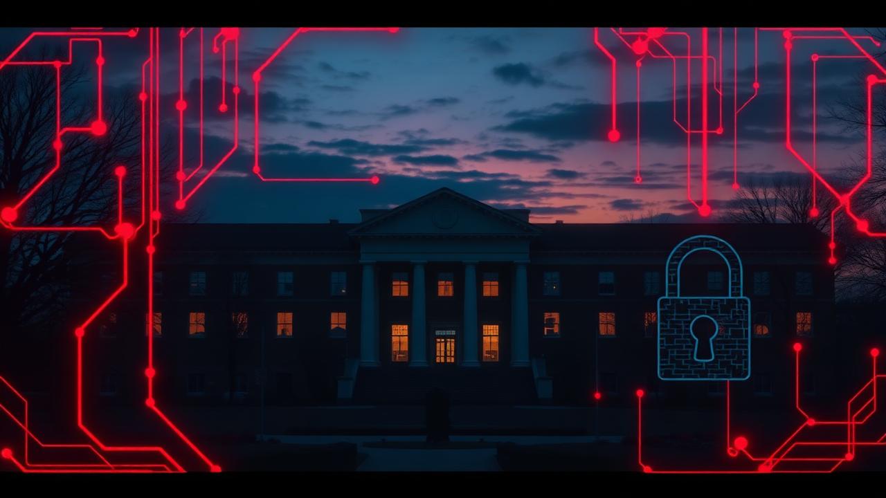 Stylised university campus at dusk overlaid with red data streams and a broken padlock icon